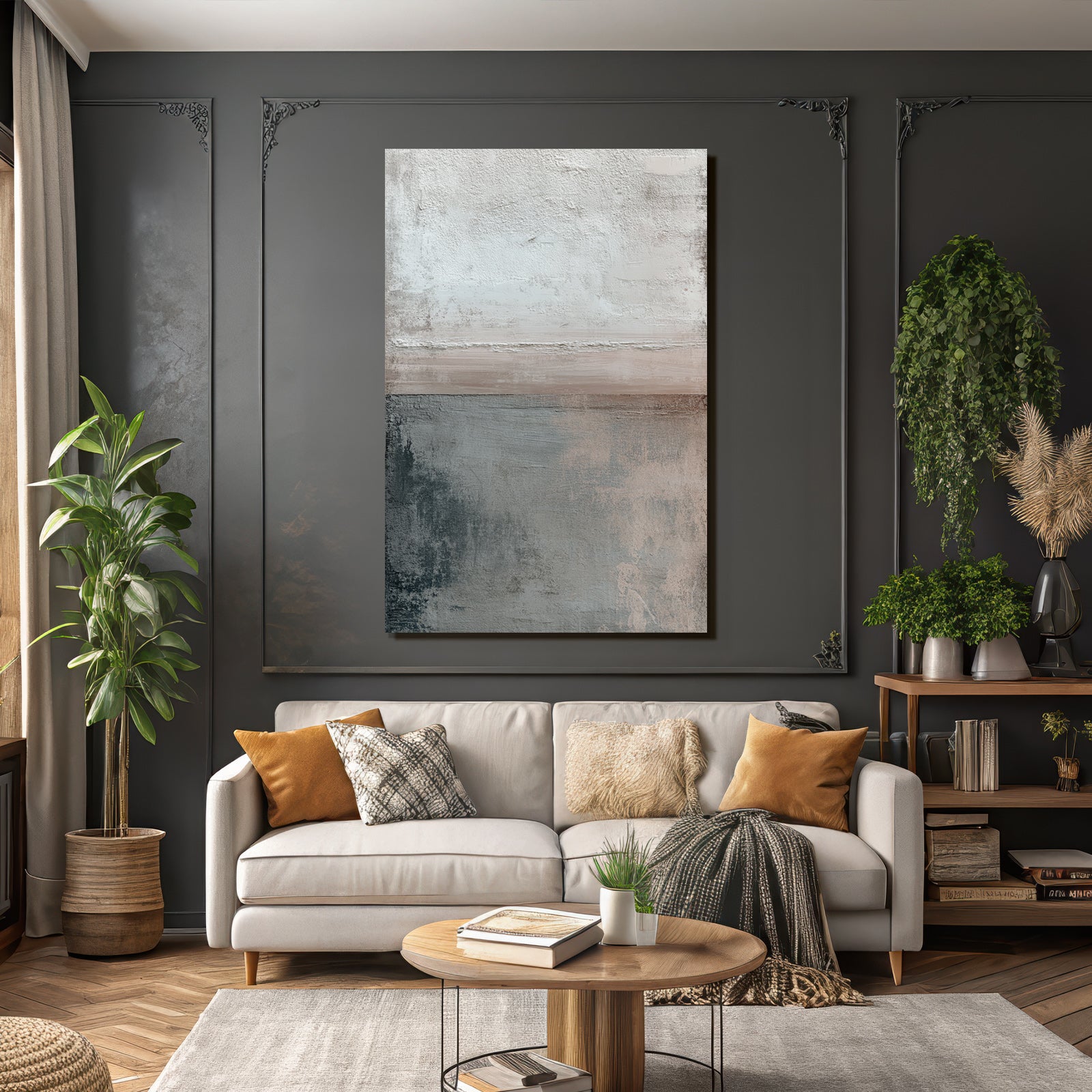Abstract art with textures in white, gray, and beige