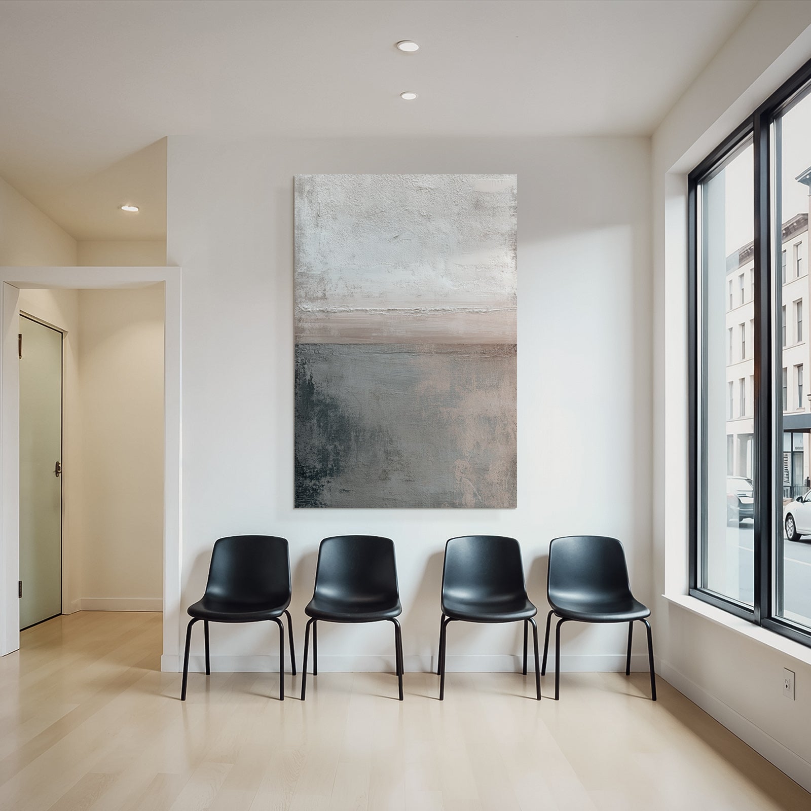 Abstract art with textures in white, gray, and beige