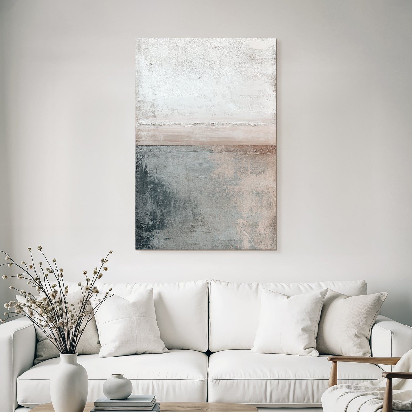 Abstract art with textures in white, gray, and beige