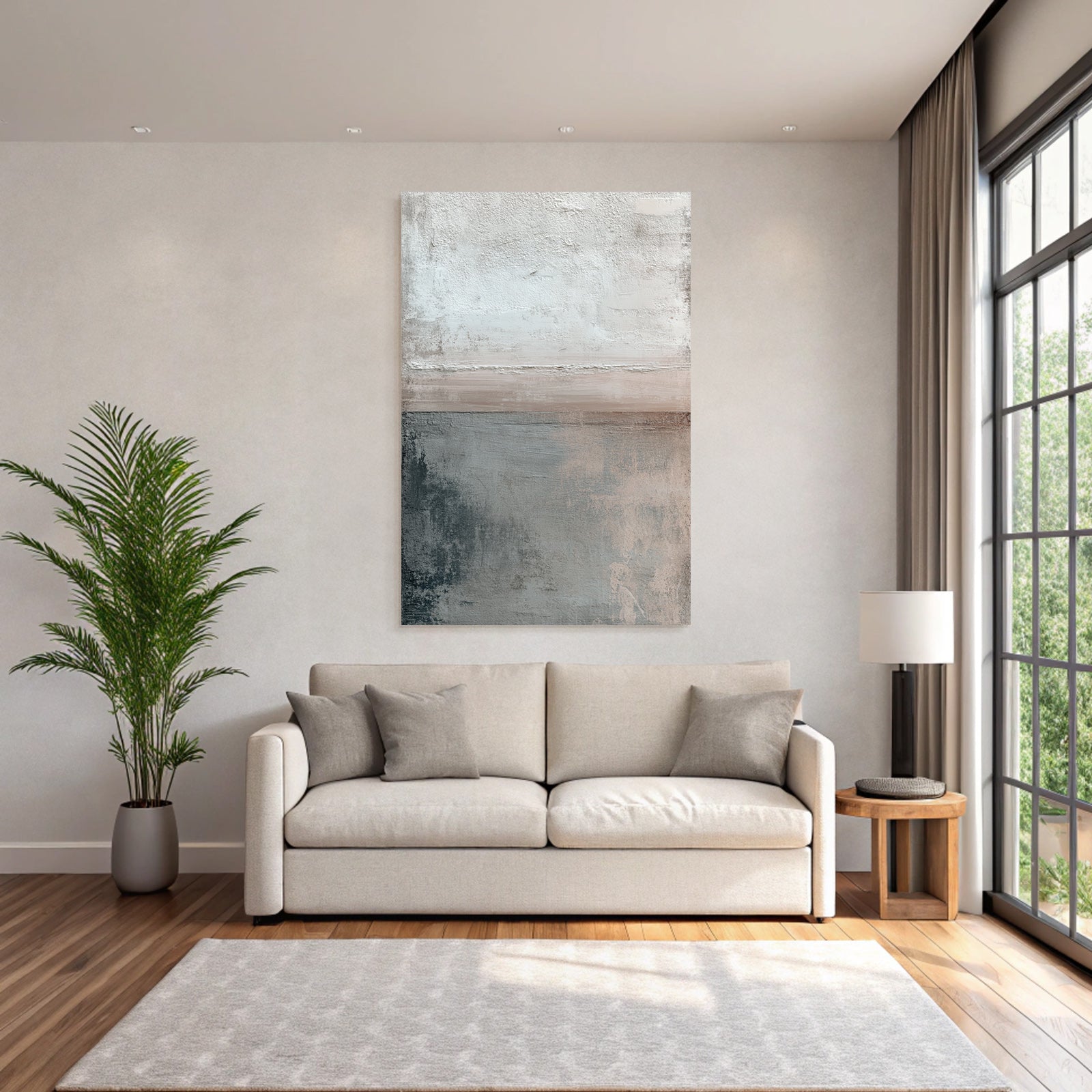Abstract art with textures in white, gray, and beige
