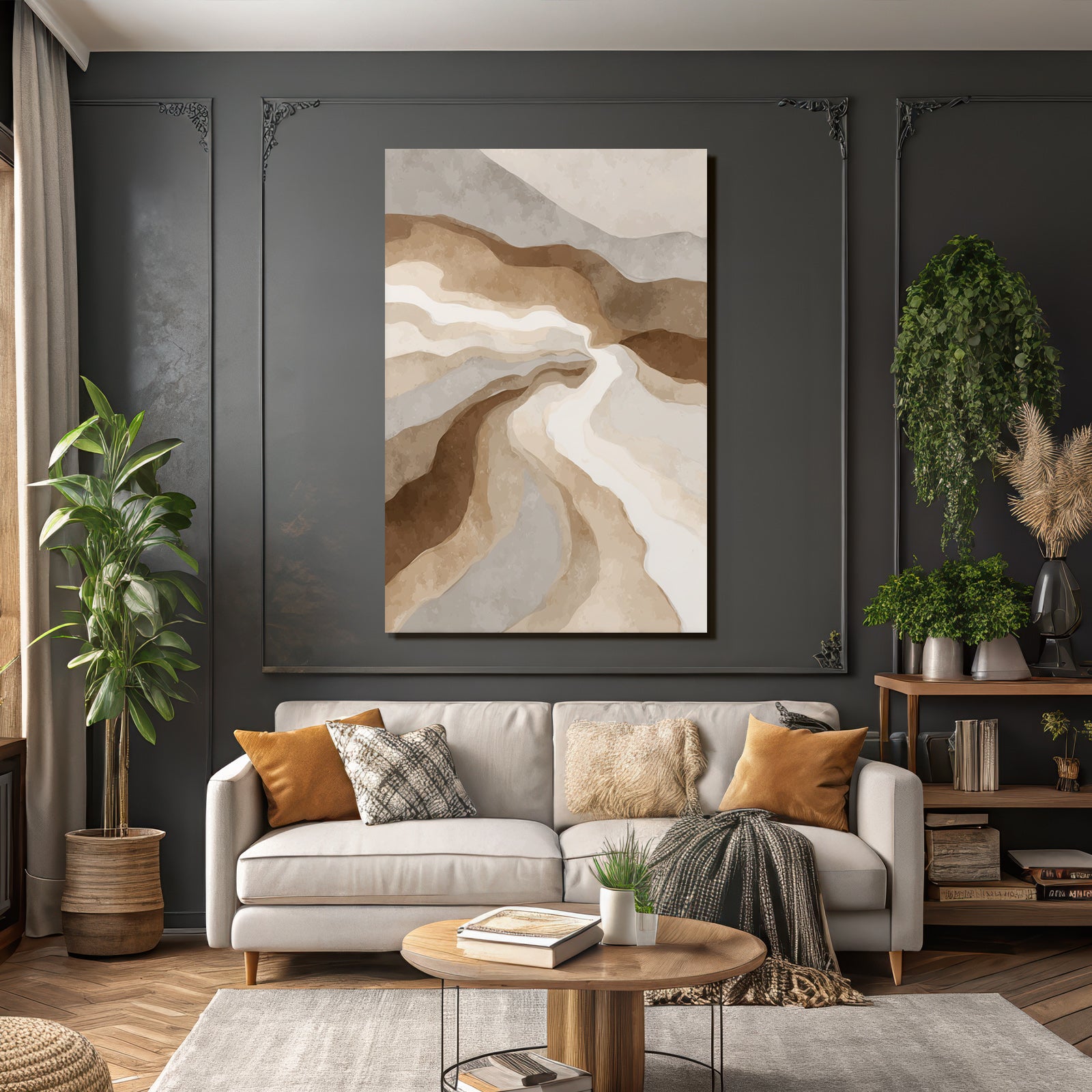 Abstract art wavy lines earth tone landscape