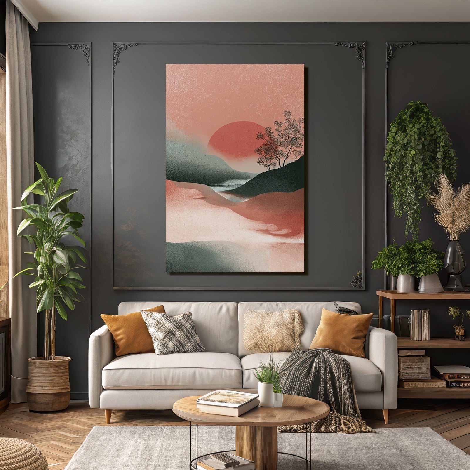 Abstrakte Landschaft Illustration Mit Sonne Und Bergen