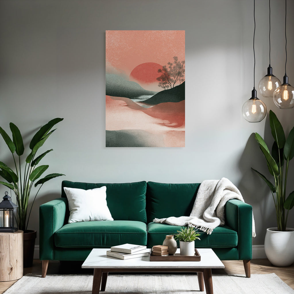 Abstrakte Landschaft Illustration Mit Sonne Und Bergen