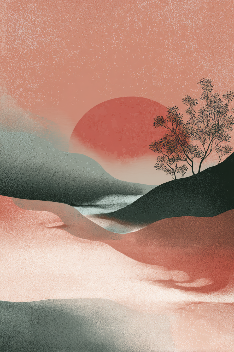 Abstrakte Landschaft Illustration Mit Sonne Und Bergen | Japandi | Einrichtungsstile