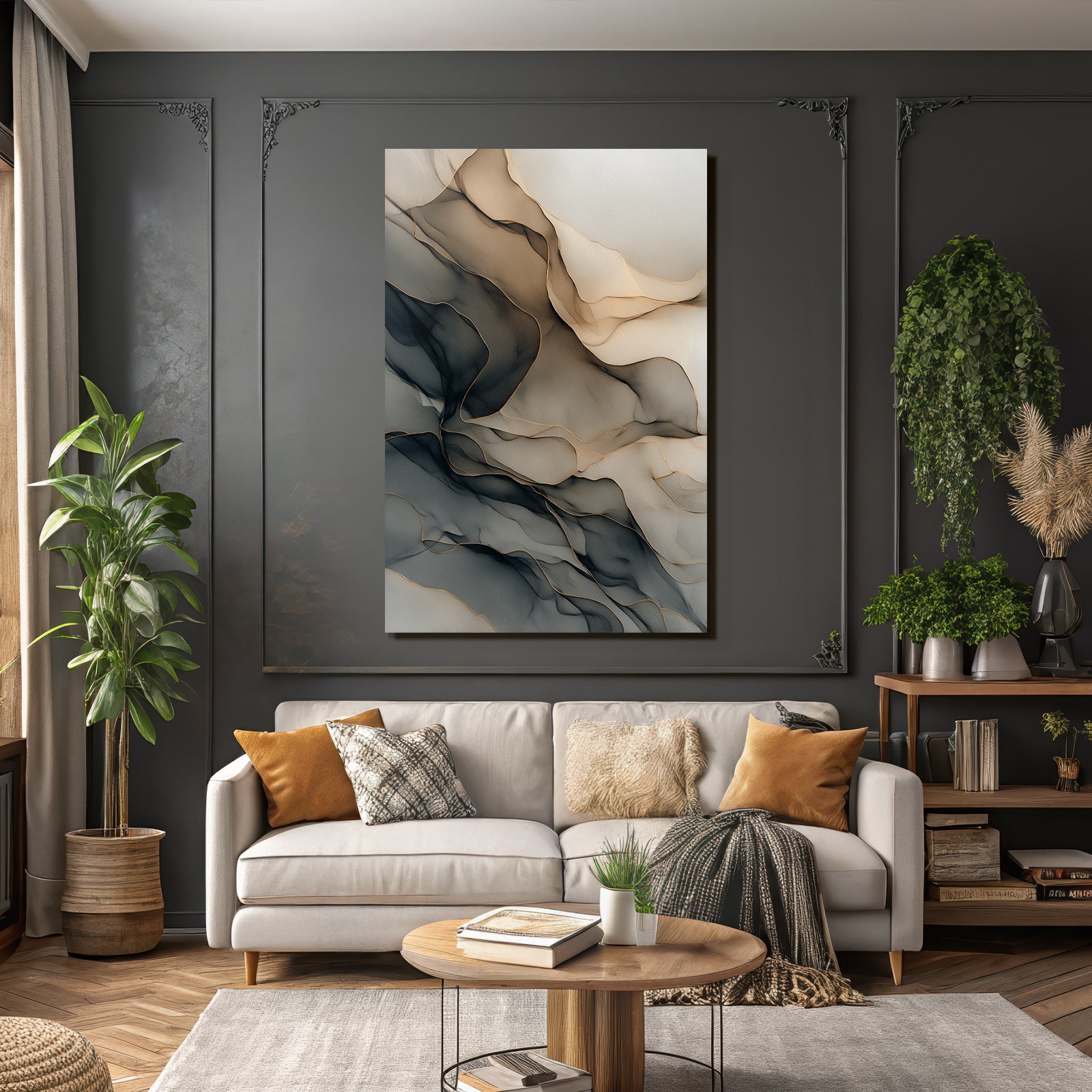 Abstract Design Flowing Lines Layers Beige Gray Black