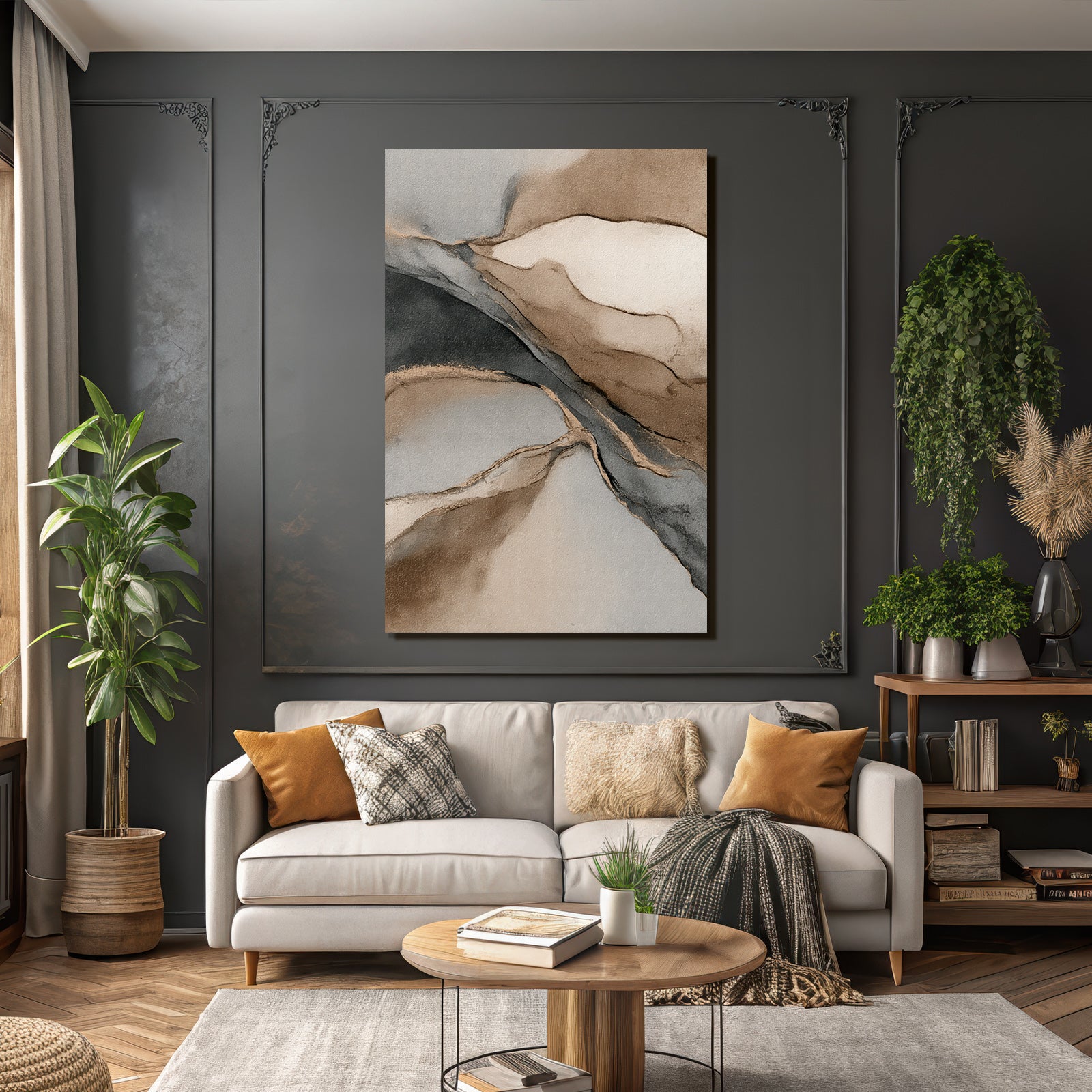 Abstract Painting Soft Fluid Shapes Beige Gray Cream