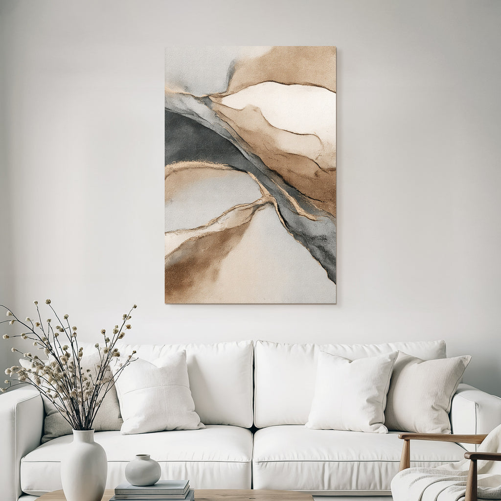 Abstraktes Gemaelde Weich Fluessige Formen Beige Grau Creme