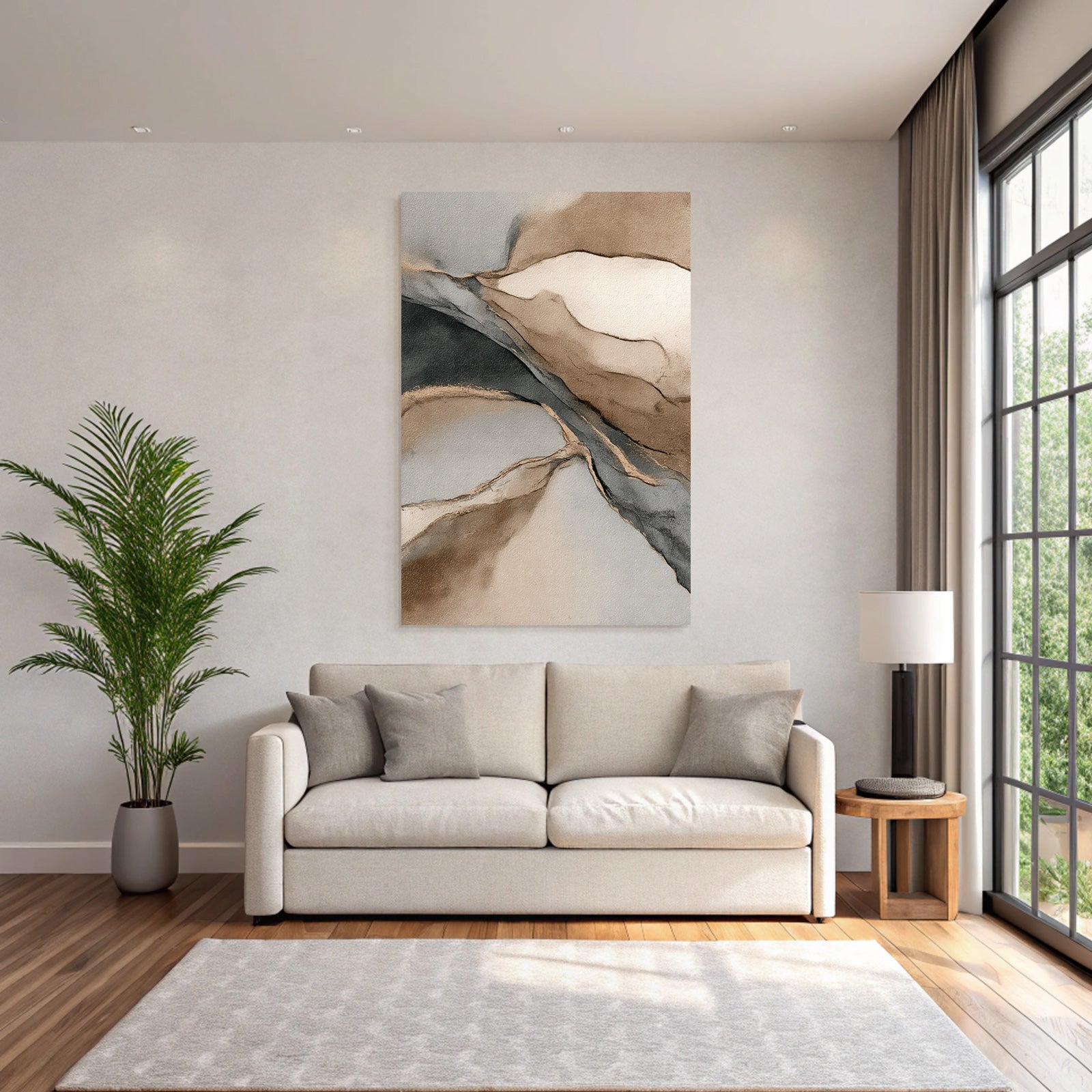Abstract Painting Soft Fluid Shapes Beige Gray Cream