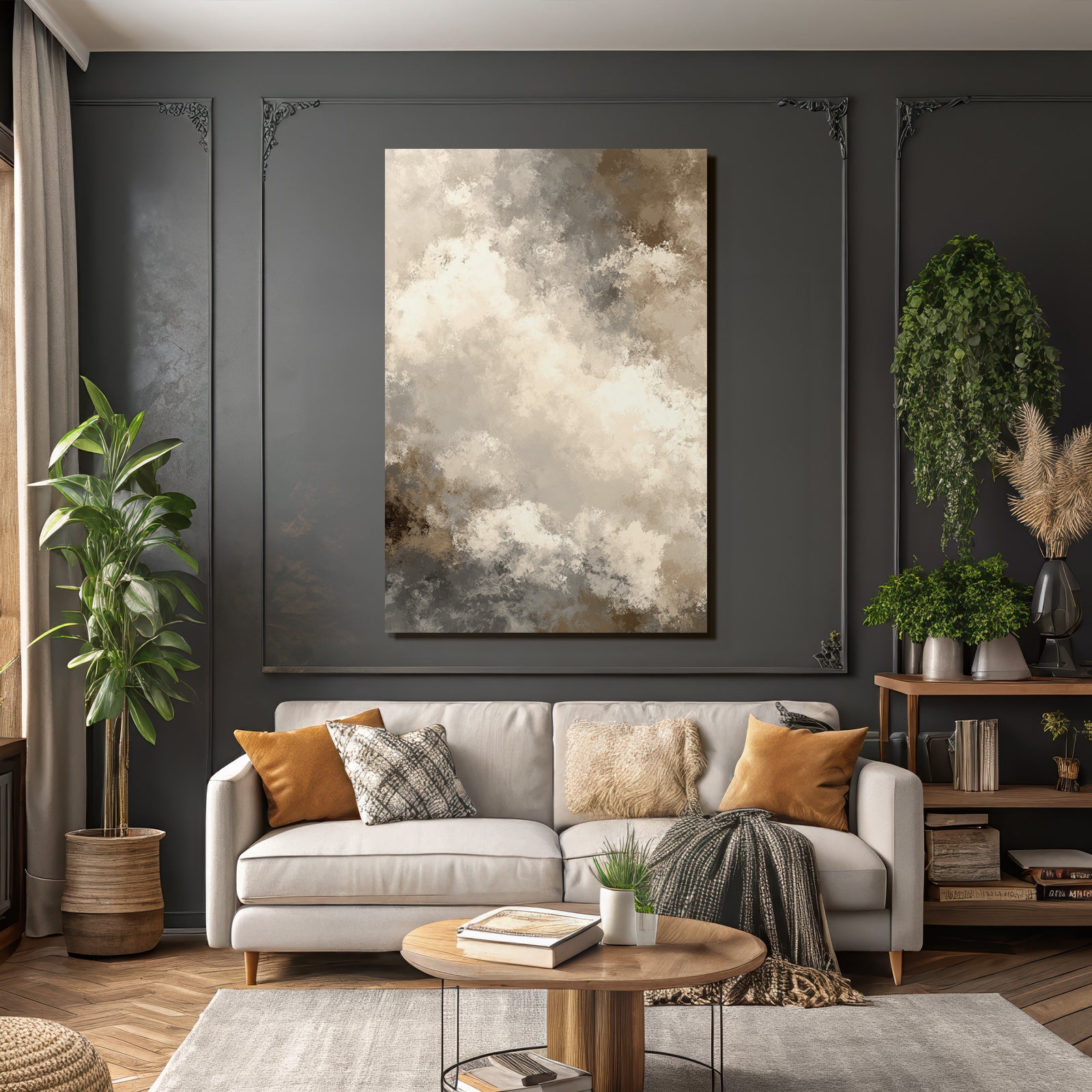 Abstract Painting Soft Colors Cloud Pattern Beige Brown