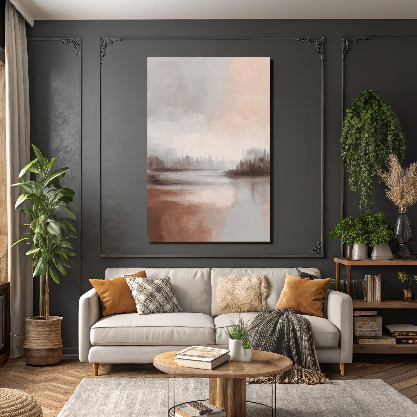 Abstract landscape painting soft gray peach brown water landscape
