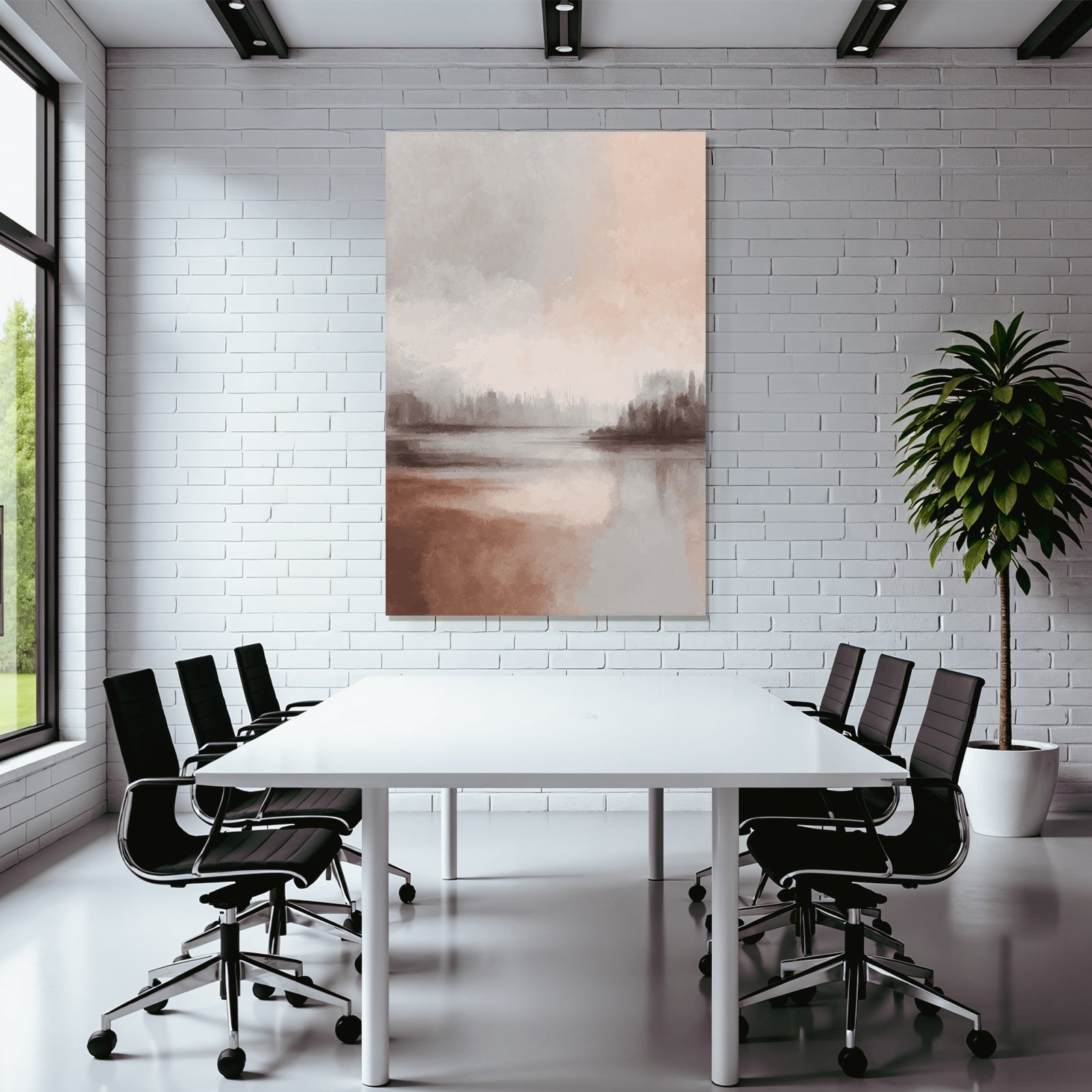 Abstract landscape painting soft gray peach brown water landscape