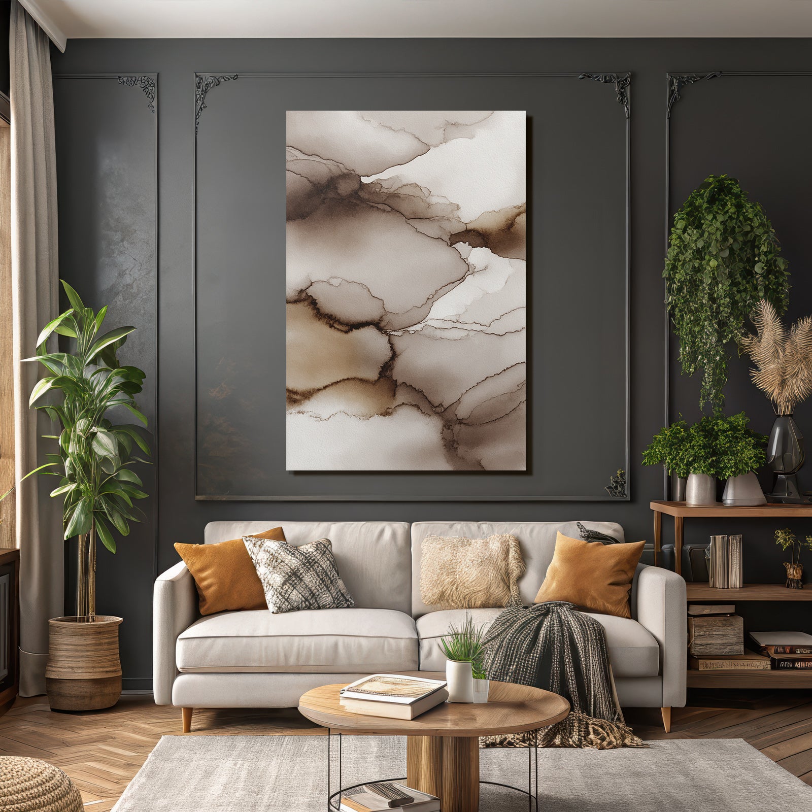 Abstract Watercolor Design Brown and Cream Background