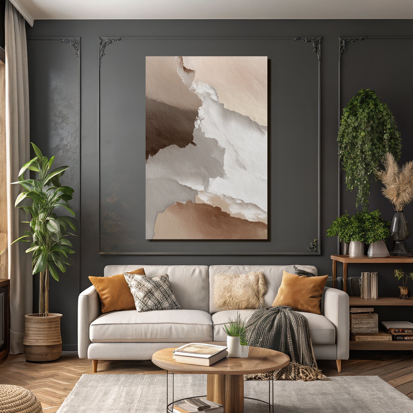 Abstract watercolor design in beige, brown, and white