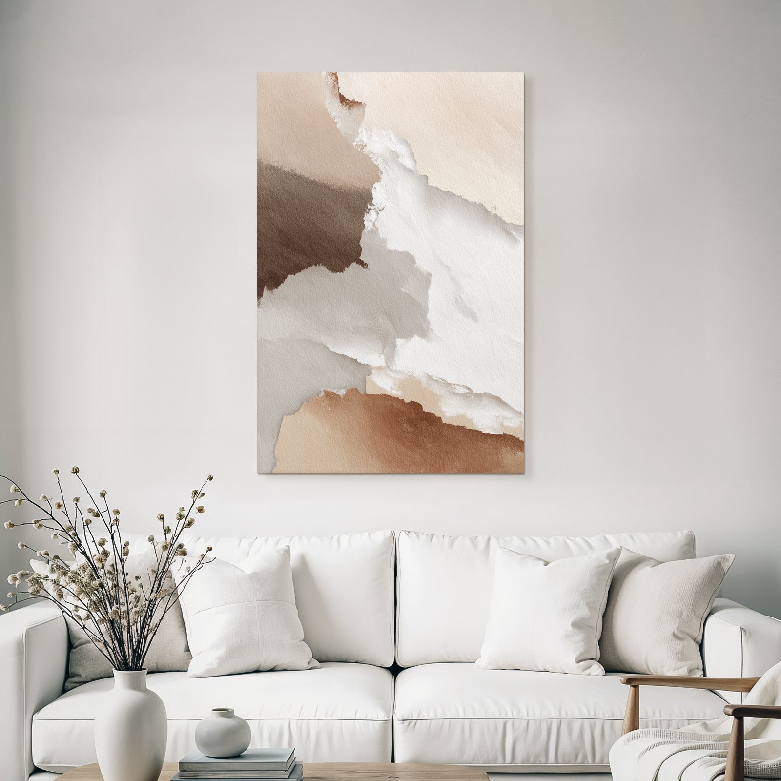 Abstract watercolor design in beige, brown, and white