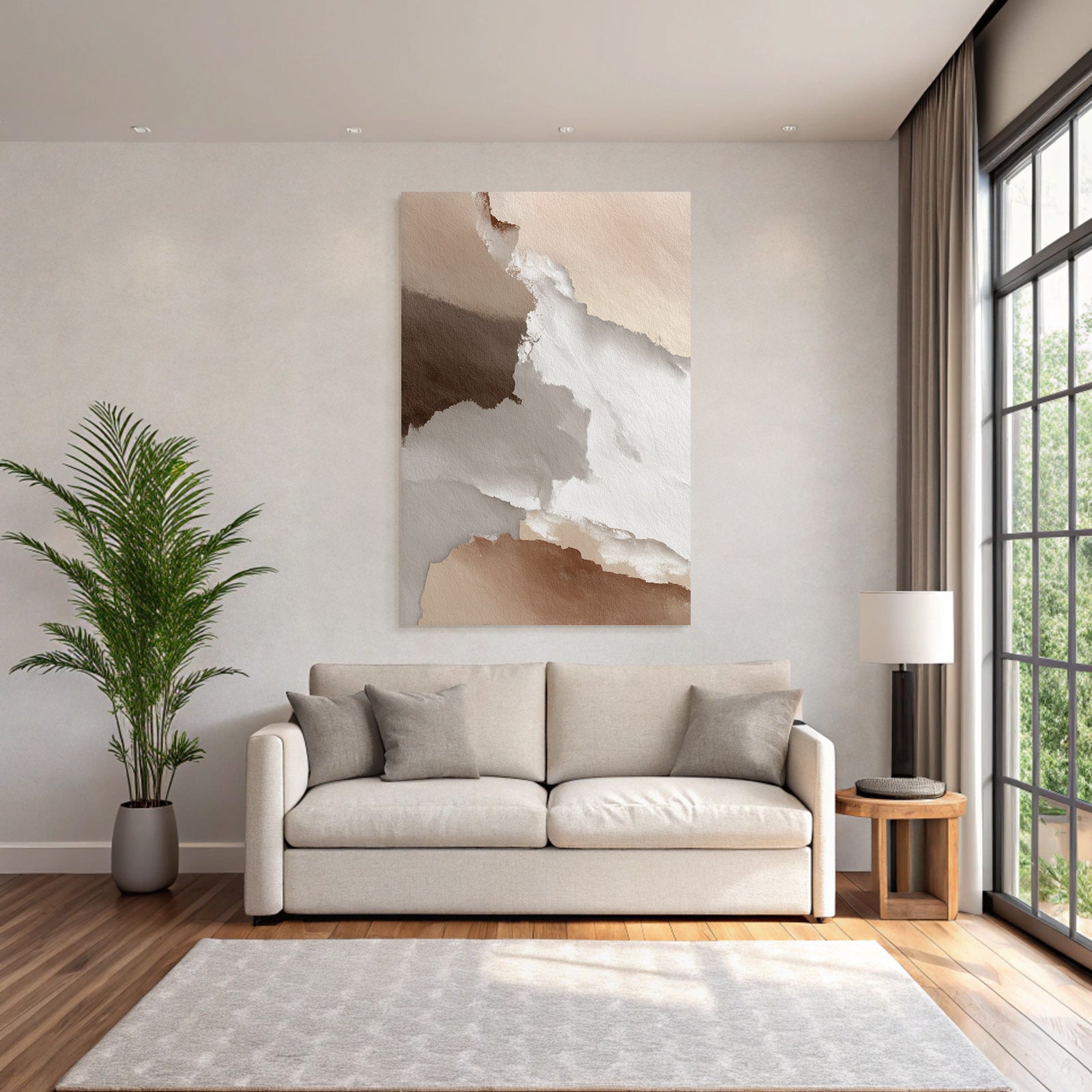 Abstract watercolor design in beige, brown, and white