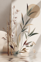 Bamboo Artistic Representation Serene Natural Setting Reflections In Water | Japandi | Einrichtungsstile