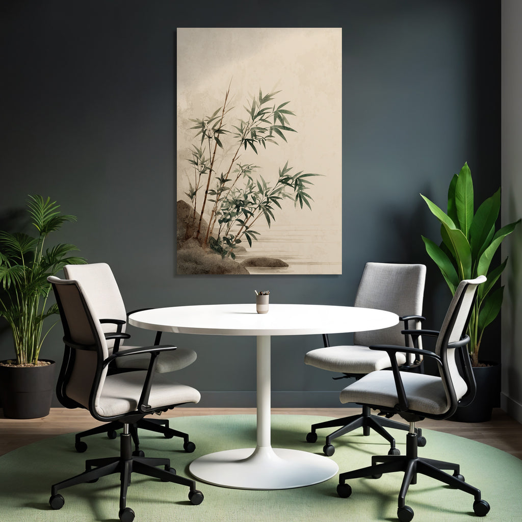 Bamboo Plants Near Water Stylized Illustration Soft Colors Serene Atmosphere