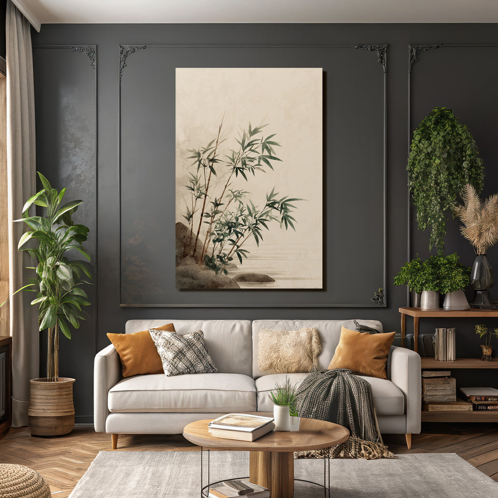 Bamboo Plants Near Water Stylized Illustration Soft Colors Serene Atmosphere