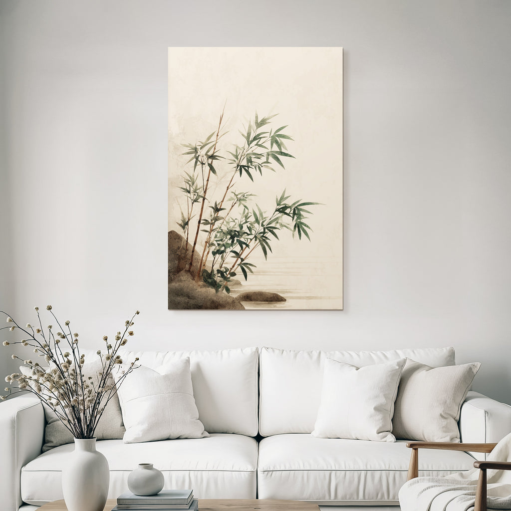 Bamboo Plants Near Water Stylized Illustration Soft Colors Serene Atmosphere