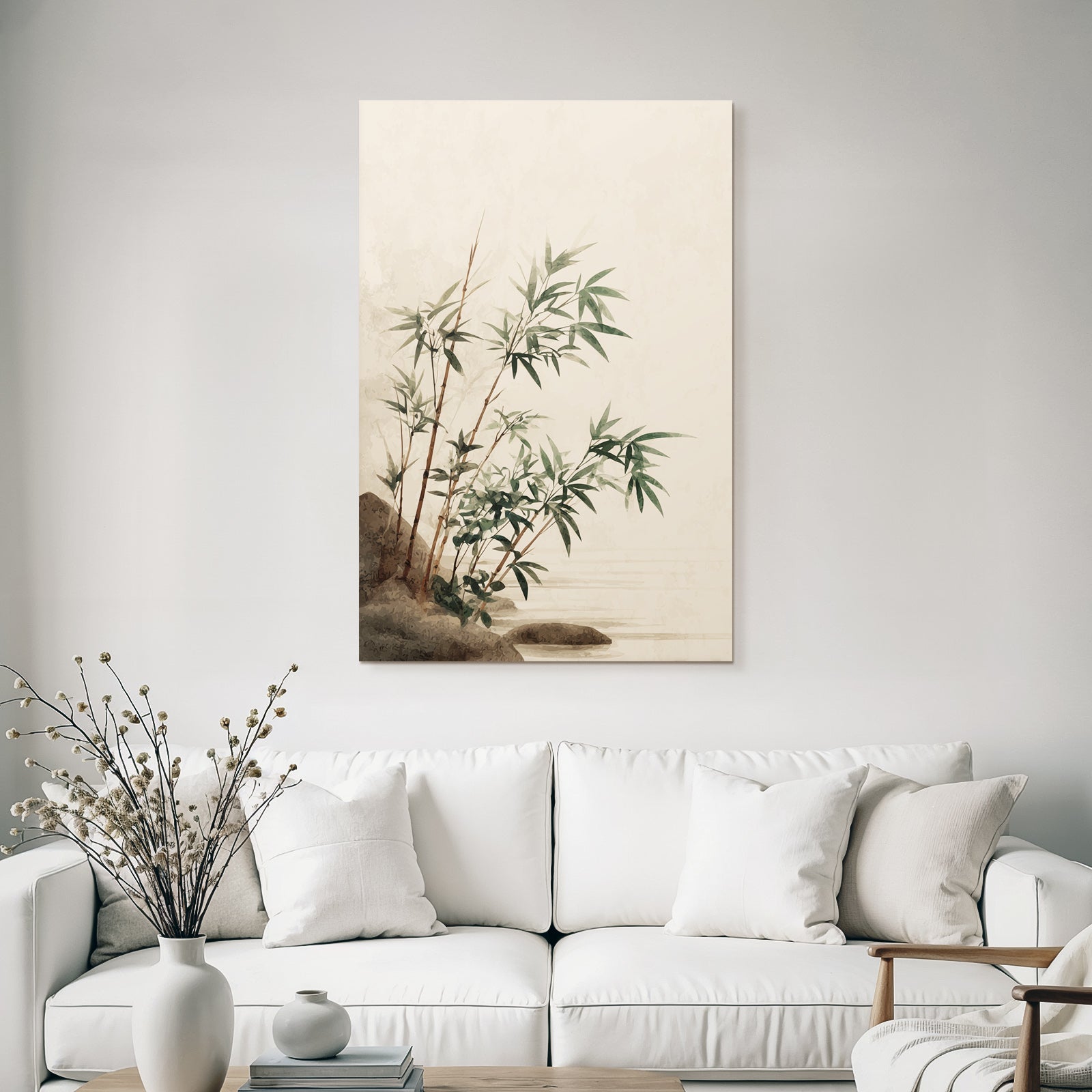Bamboo Plants Near Water Stylized Illustration Soft Colors Serene Atmosphere