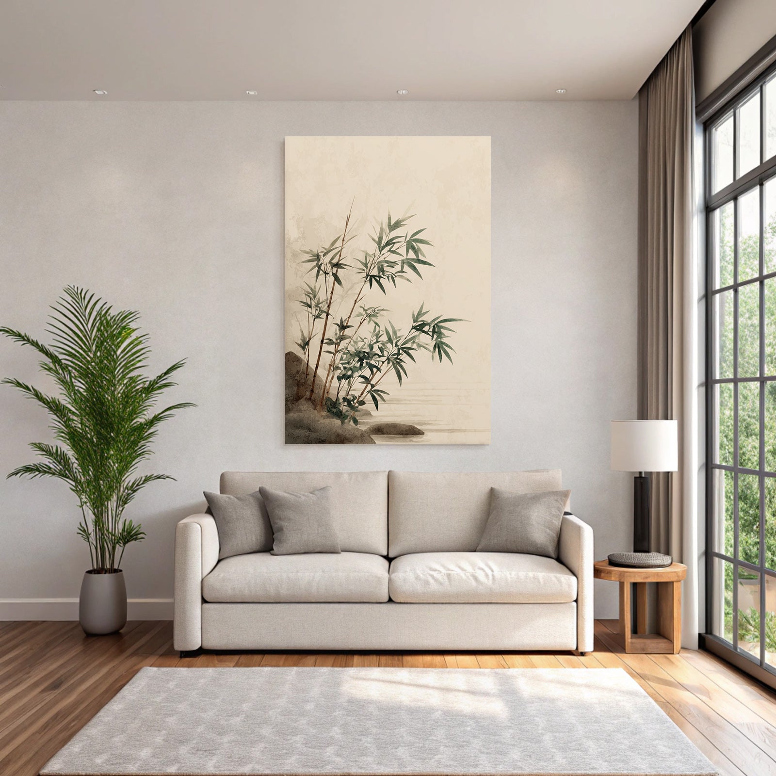 Bamboo Plants Near Water Stylized Illustration Soft Colors Serene Atmosphere