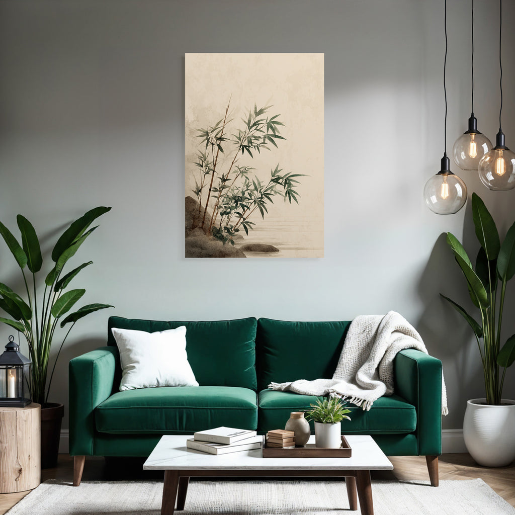 Bamboo Plants Near Water Stylized Illustration Soft Colors Serene Atmosphere