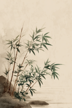 Bamboo Plants Near Water Stylized Illustration Soft Colors Serene Atmosphere | Japandi | Einrichtungsstile