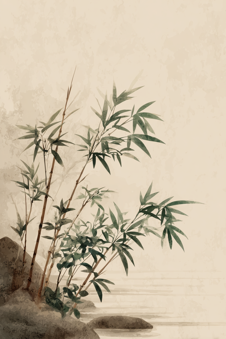 Bamboo Plants Near Water Stylized Illustration Soft Colors Serene Atmosphere | Japandi | Einrichtungsstile