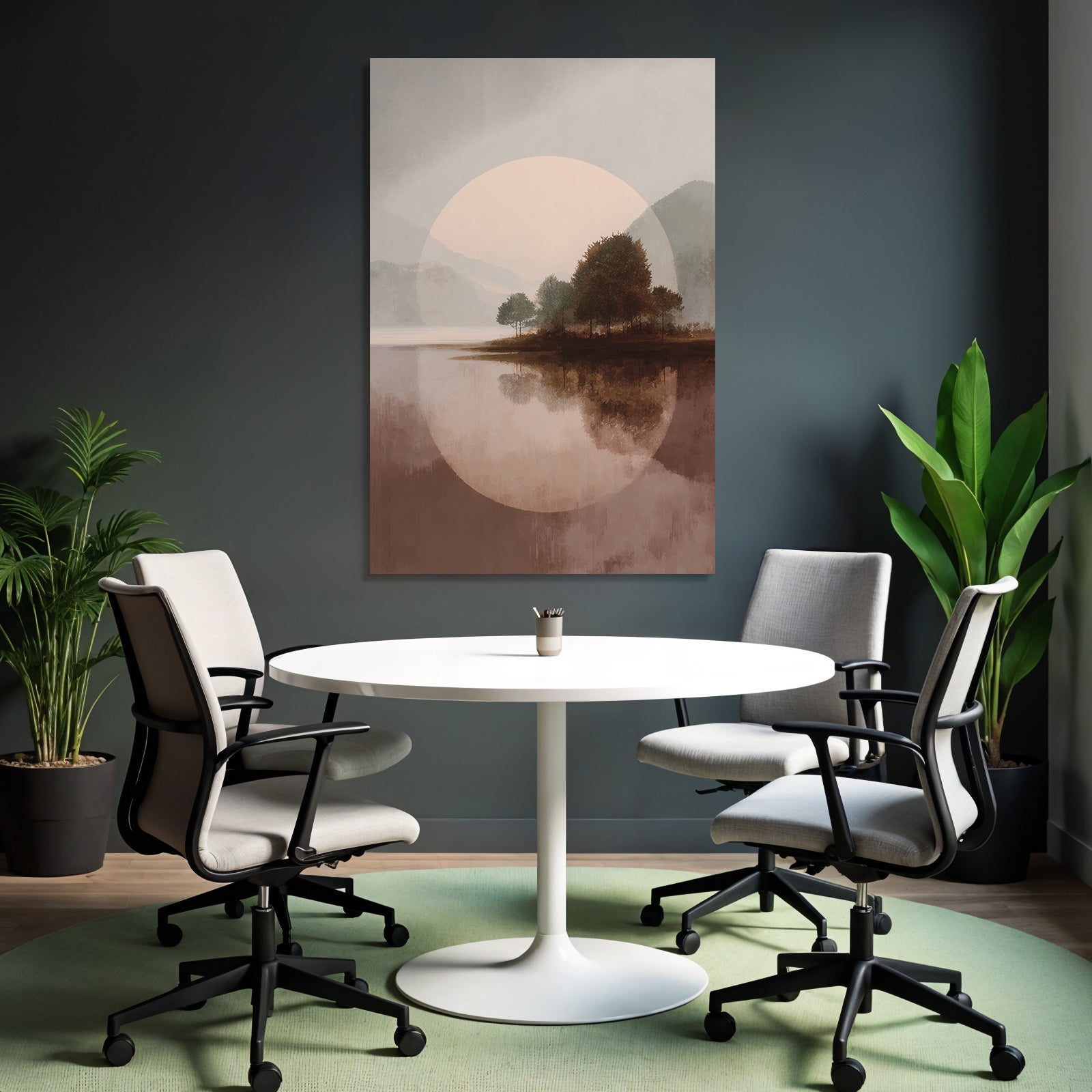 Stilisierte Landschaft Mit Wasser Baeume Und Berge