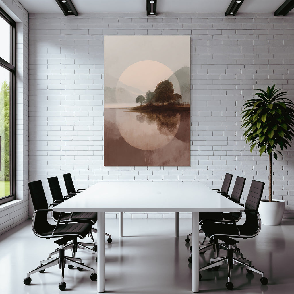 Stilisierte Landschaft Mit Wasser Baeume Und Berge