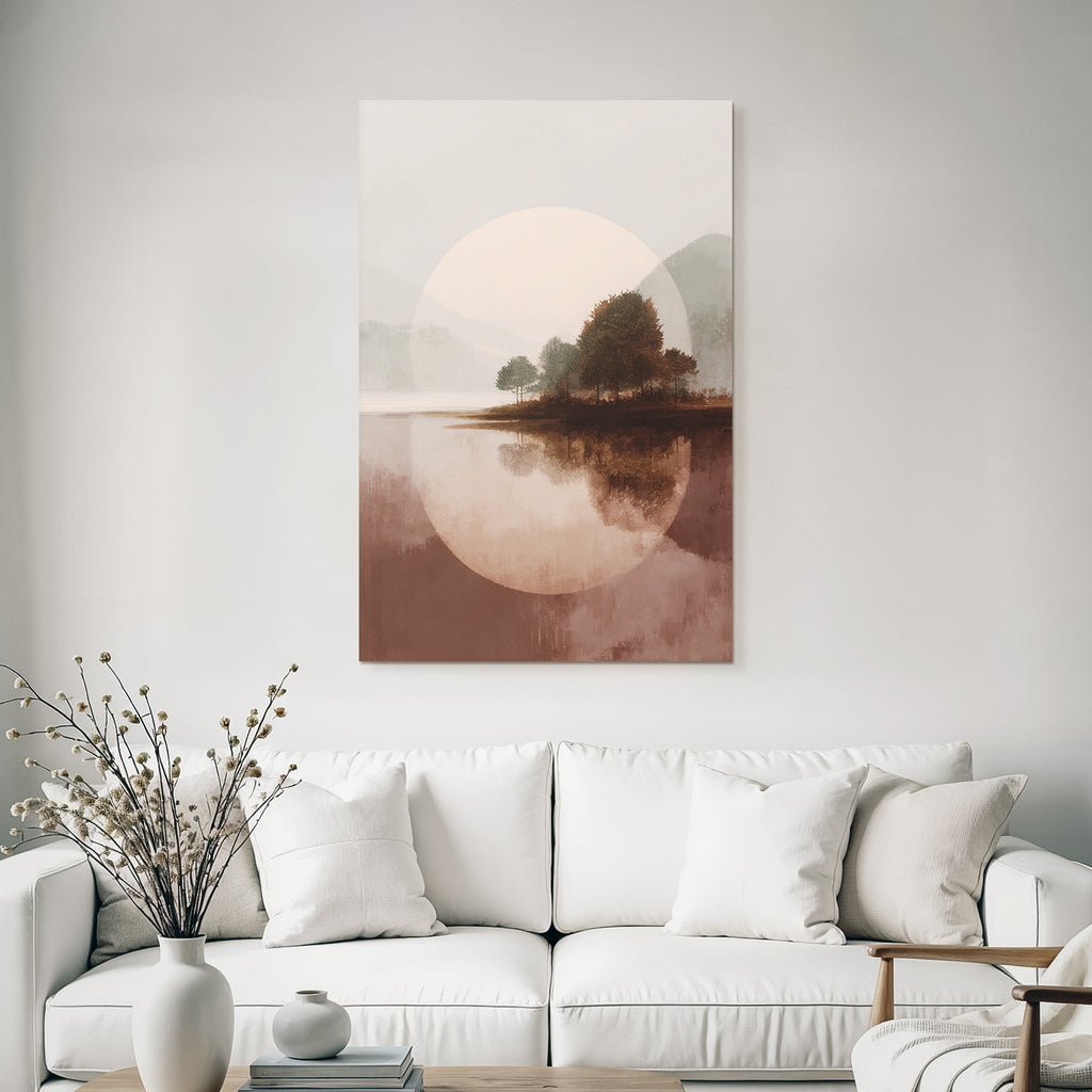 Stilisierte Landschaft Mit Wasser Baeume Und Berge