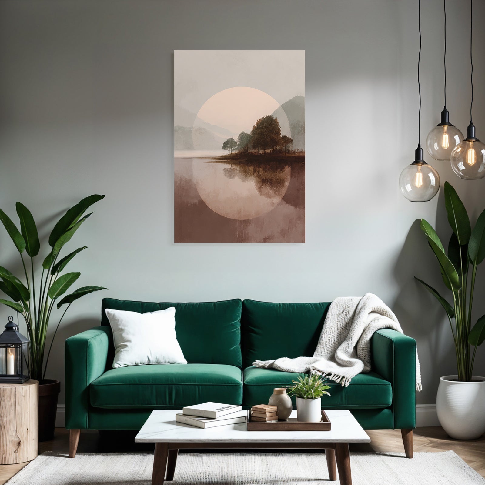 Stilisierte Landschaft Mit Wasser Baeume Und Berge