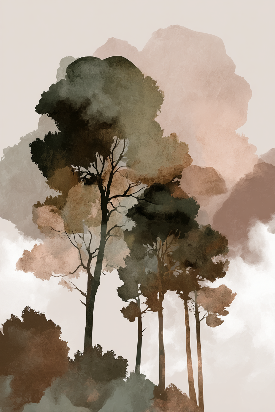 Stylized Trees Watercolor Background Earth Tones | Japandi | Einrichtungsstile