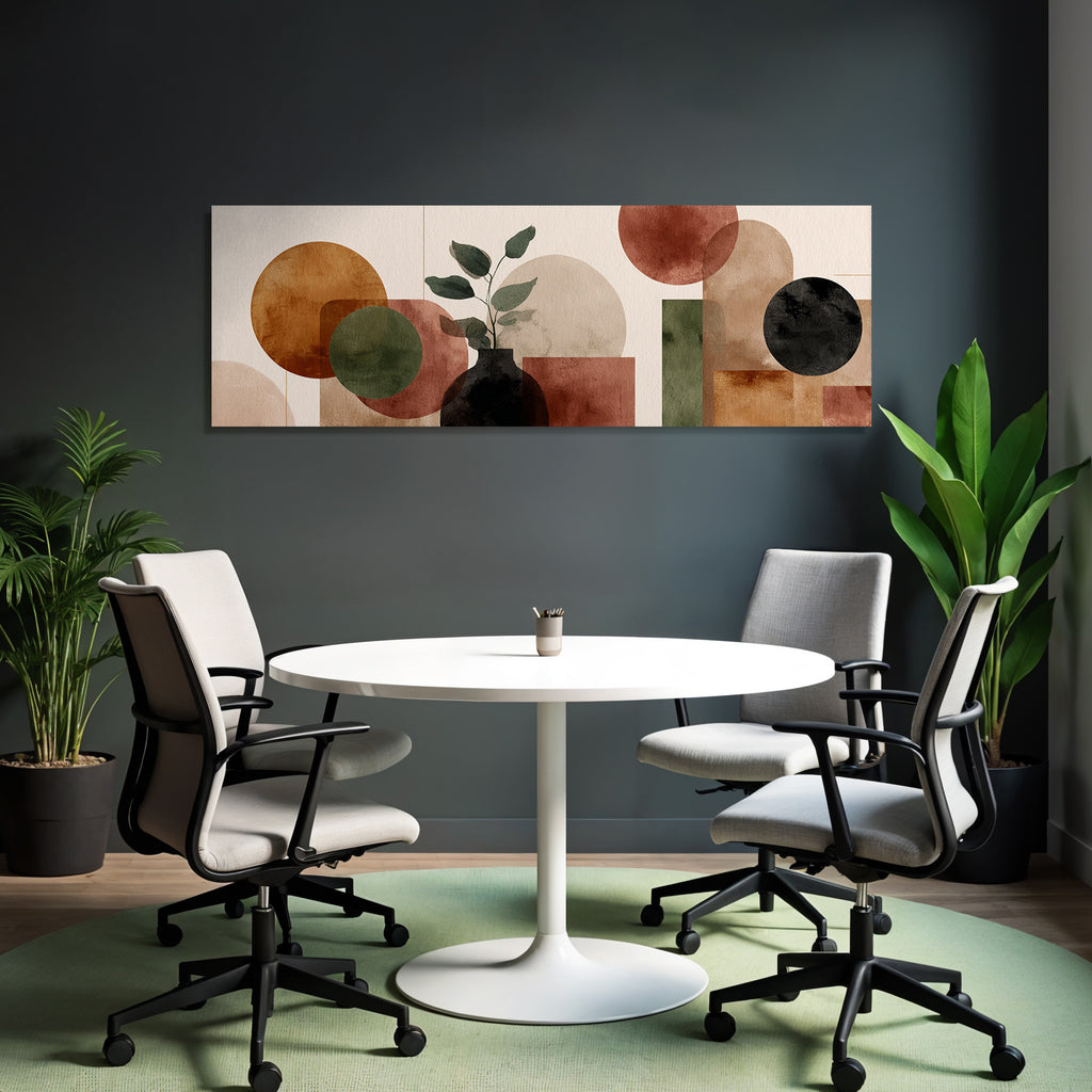 Abstract Artwork Geometric Shapes Circles Rectangles Plant Vase Earthy Tones