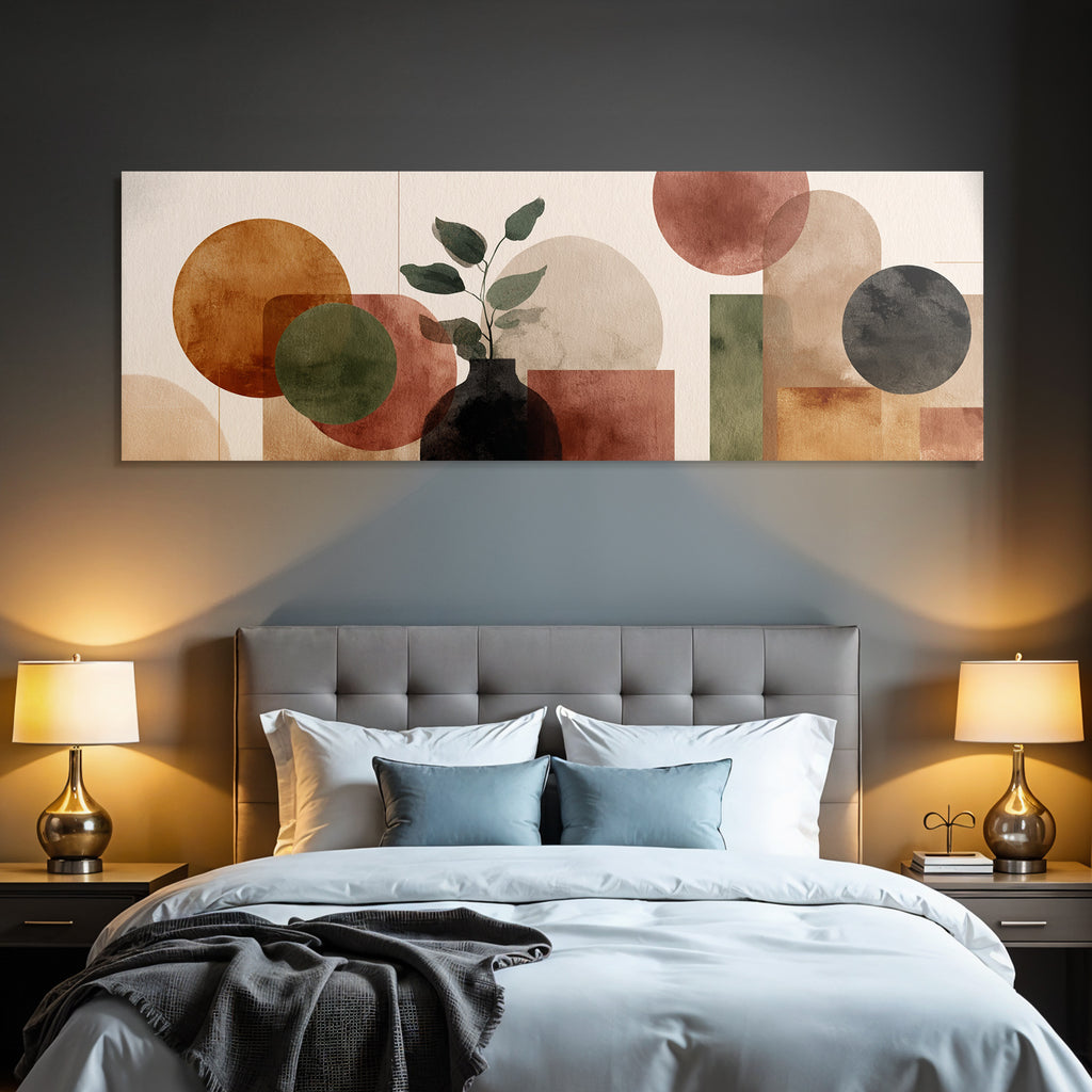 Abstract Artwork Geometric Shapes Circles Rectangles Plant Vase Earthy Tones