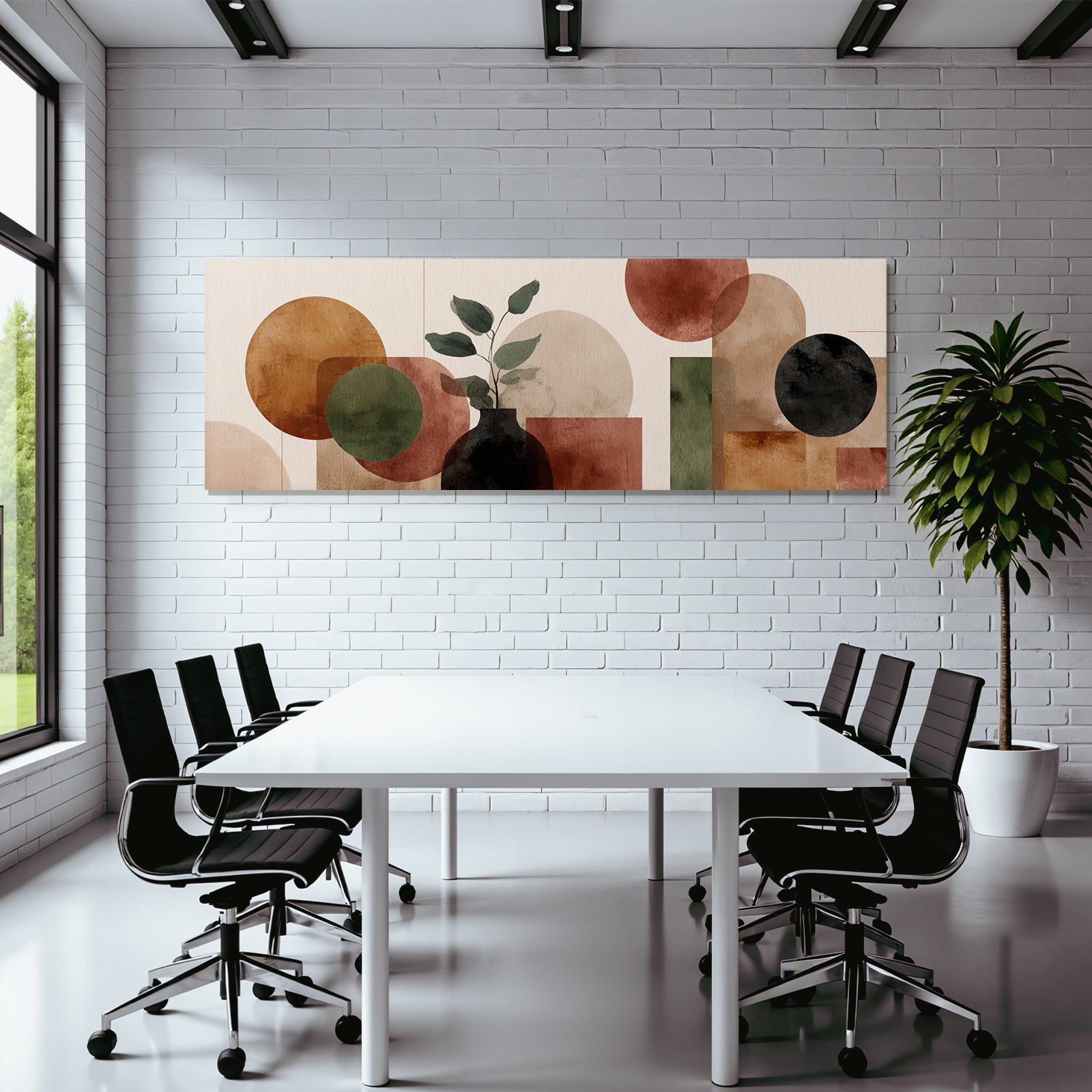 Abstract Artwork Geometric Shapes Circles Rectangles Plant Vase Earthy Tones