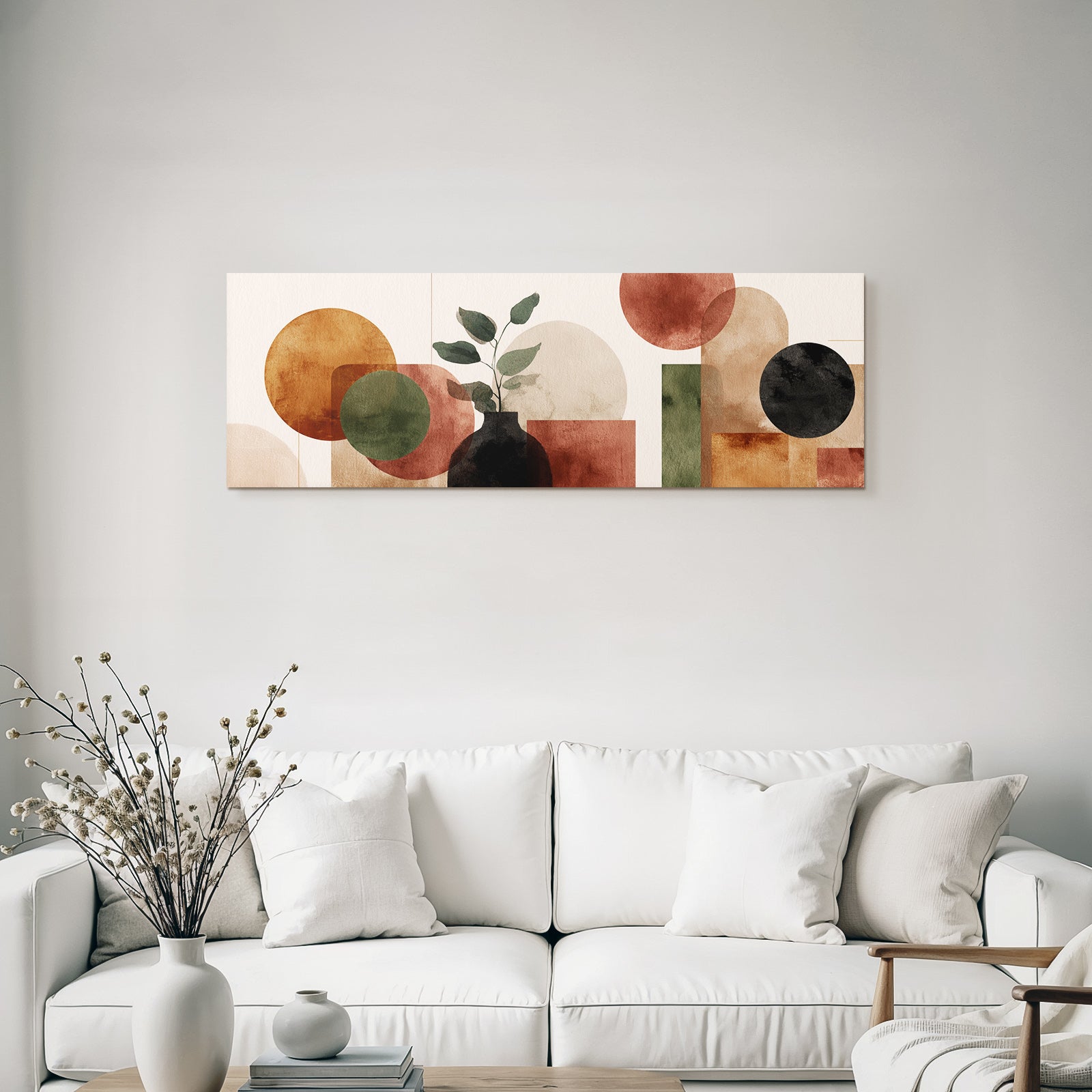 Abstract Artwork Geometric Shapes Circles Rectangles Plant Vase Earthy Tones