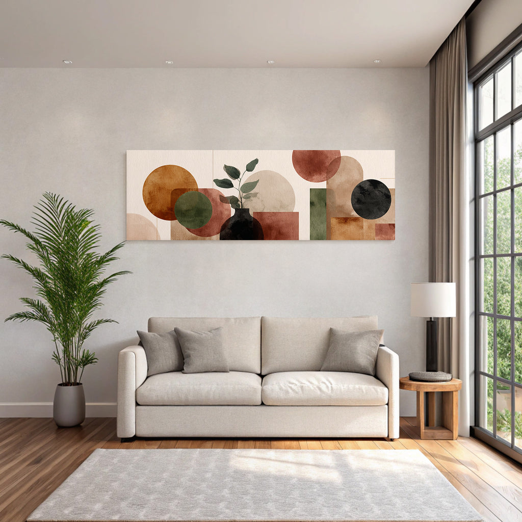 Abstract Artwork Geometric Shapes Circles Rectangles Plant Vase Earthy Tones