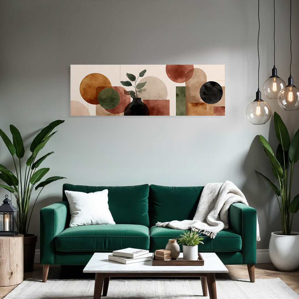 Abstract Artwork Geometric Shapes Circles Rectangles Plant Vase Earthy Tones