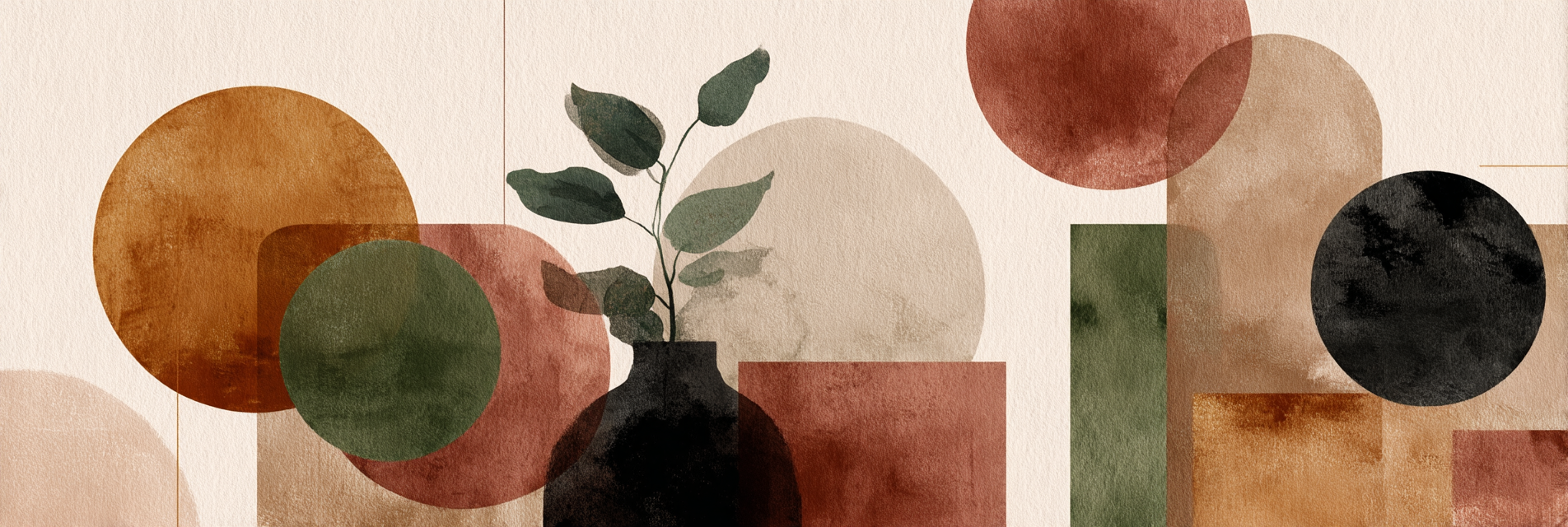 Abstract Artwork Geometric Shapes Circles Rectangles Plant Vase Earthy Tones | Japandi | Einrichtungsstile
