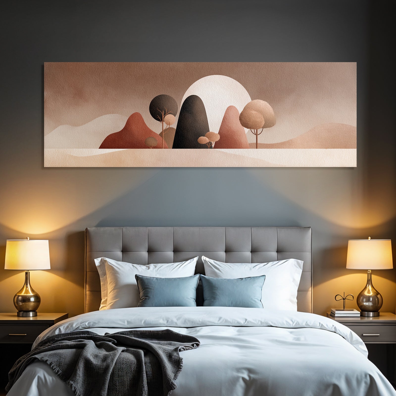Abstract Landscape Illustration Warm Earth Tones Trees Hills