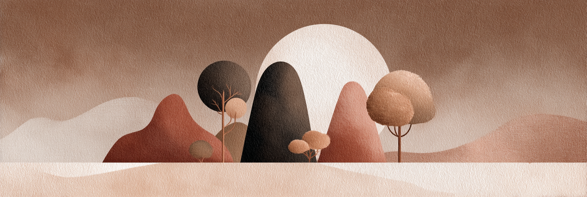 Abstrakte Landschaft Illustration Warme Erdtoene Baeume Huegel | Japandi | Einrichtungsstile
