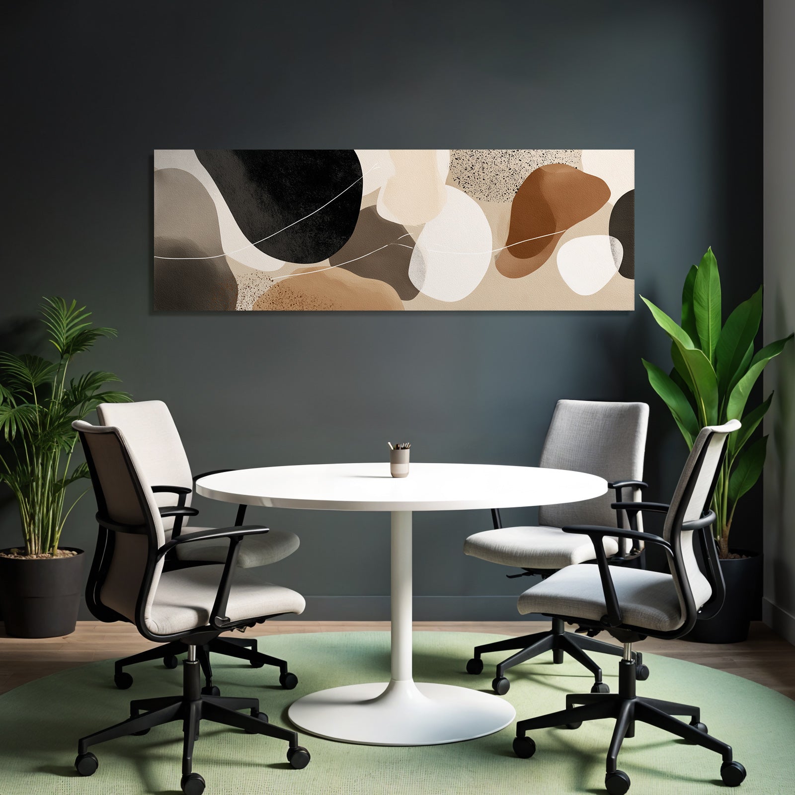 Abstract design of shapes and colors in brown, black, and neutral tones
