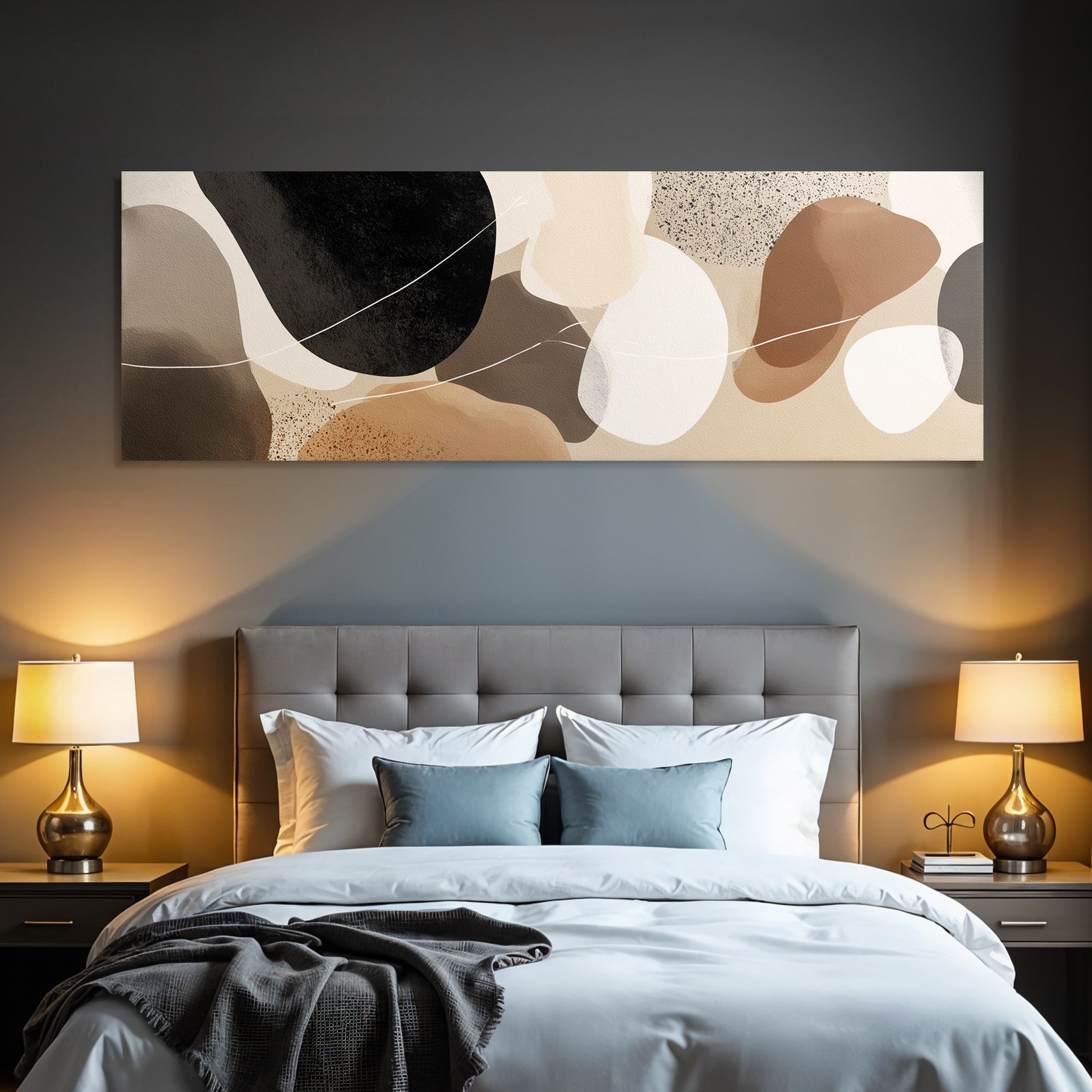 Abstract design of shapes and colors in brown, black, and neutral tones