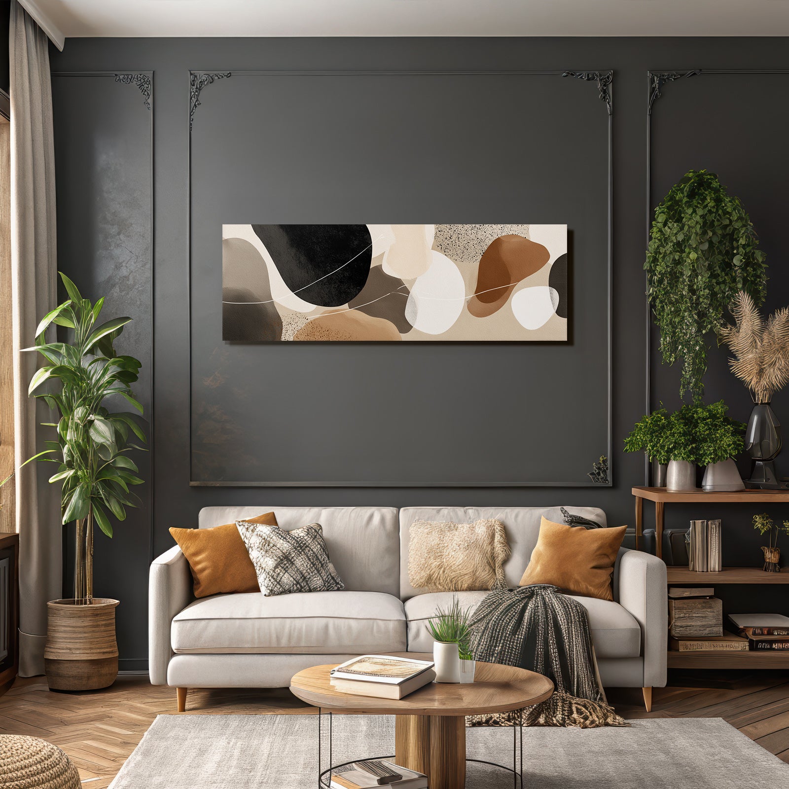 Abstract design of shapes and colors in brown, black, and neutral tones