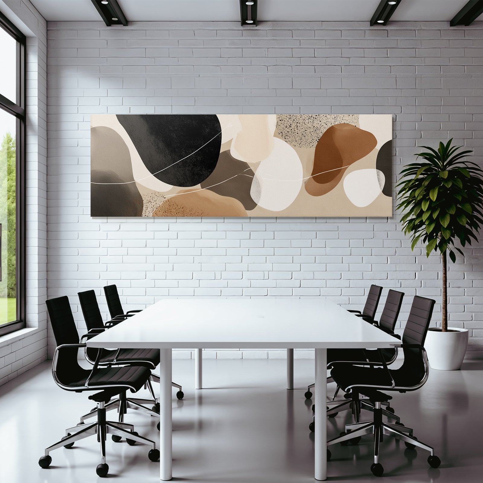 Abstract design of shapes and colors in brown, black, and neutral tones