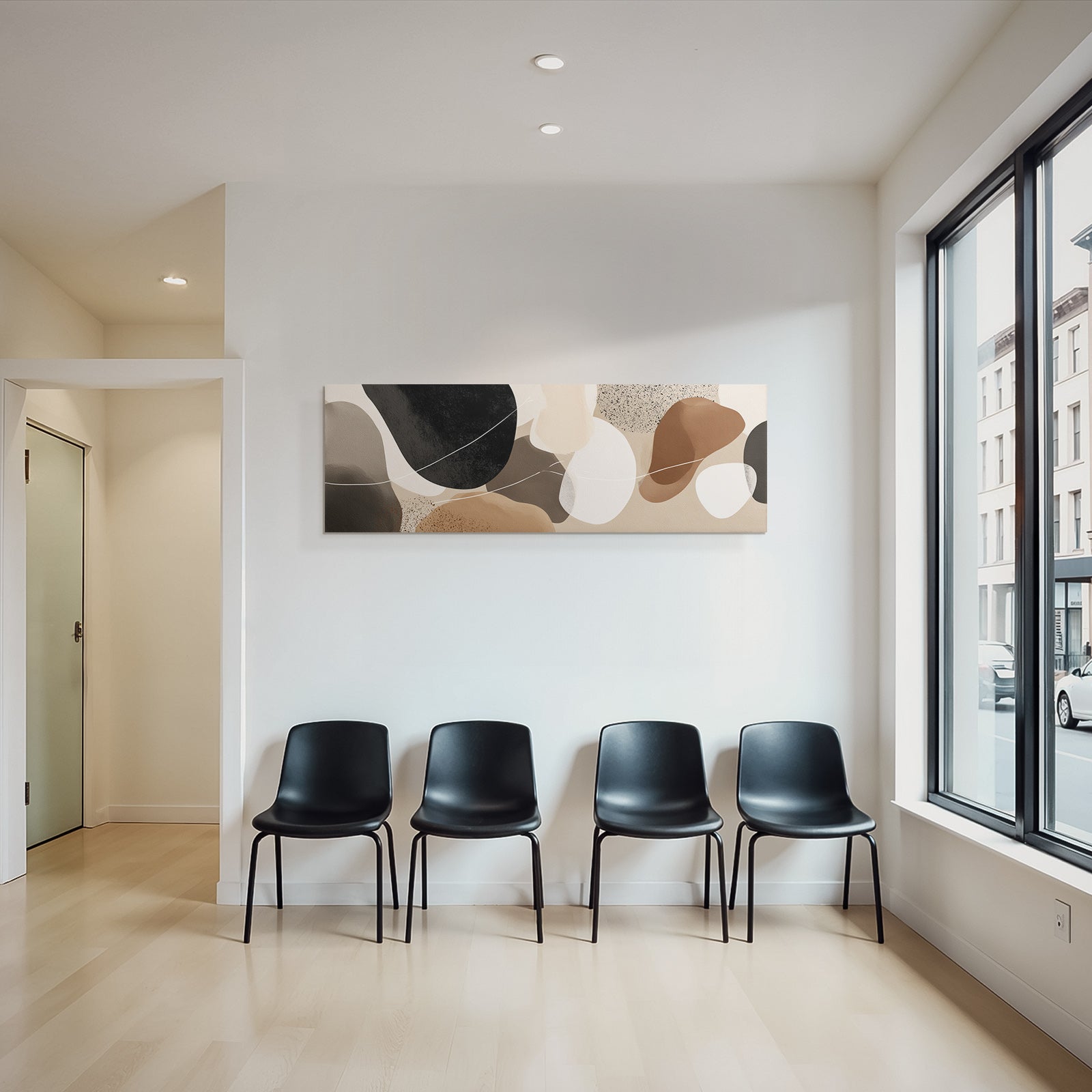 Abstract design of shapes and colors in brown, black, and neutral tones