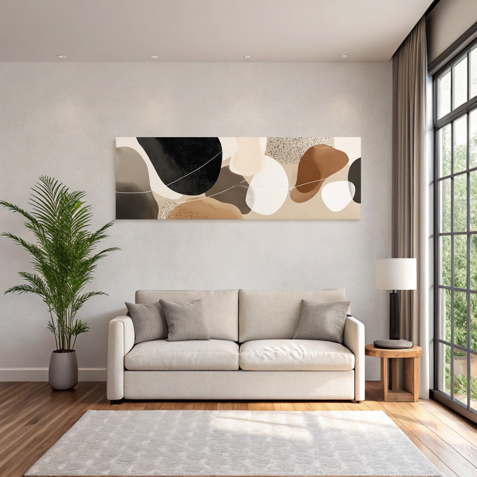 Abstract design of shapes and colors in brown, black, and neutral tones