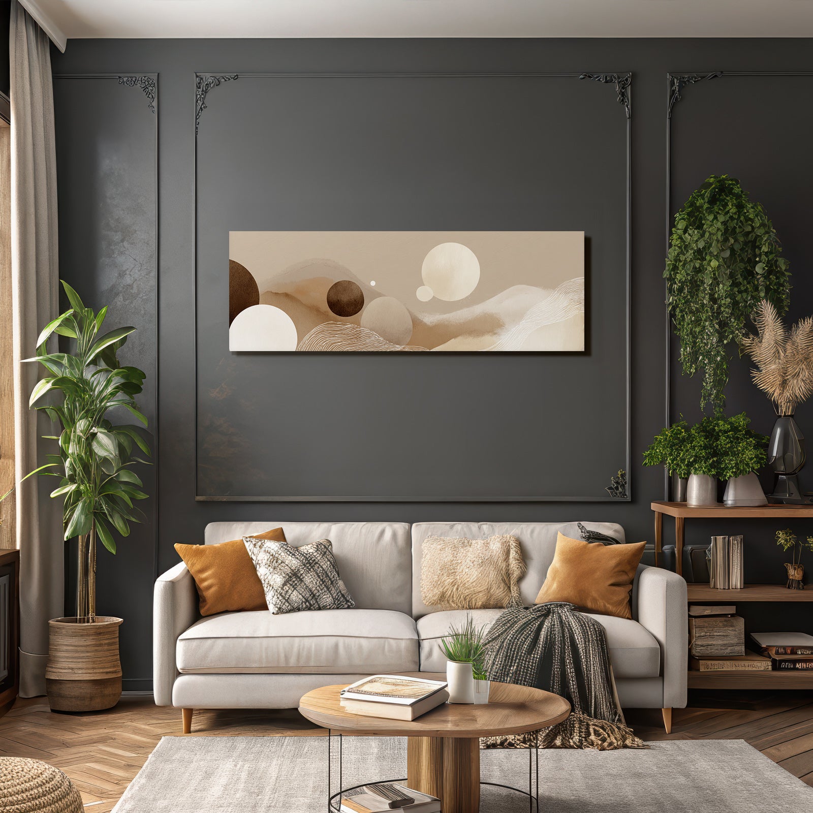 Abstract design with circles and waves, neutral colors