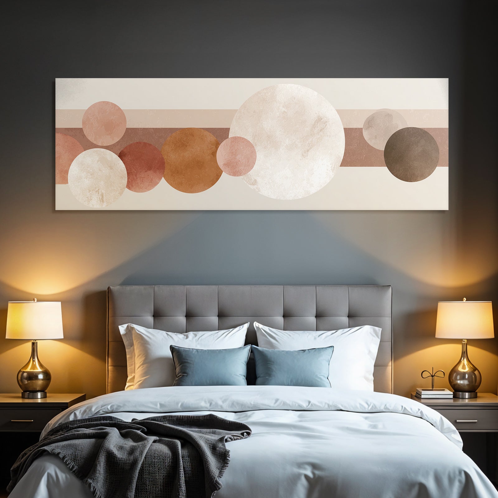 Abstract design with various circles and horizontal stripes